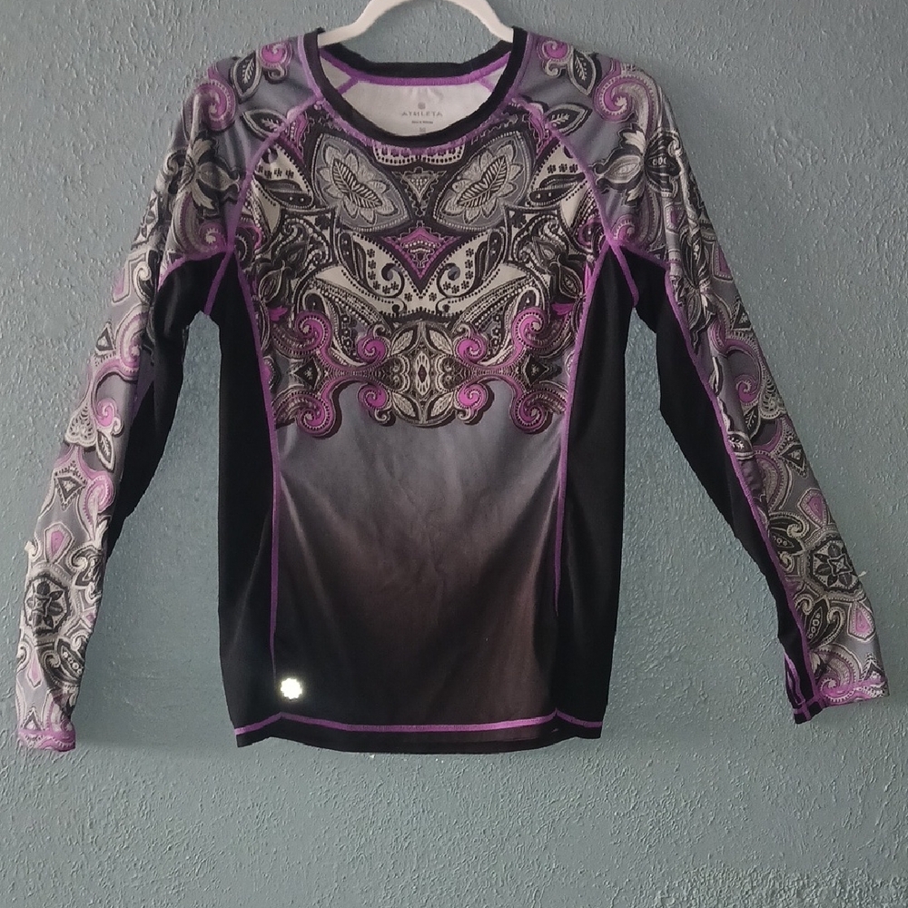 Athleta Black and Purple Paisley Long Sleeve Top